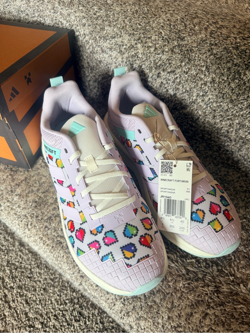 Adidas Lavender Sneaker with Colorful Pixel Hearts Minecraft 5.5 Y  or 7 woman.